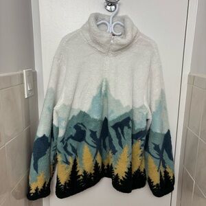 Cozy Granola Cottage Core Mountain Print Fleece Quarter Zip Pullover Sweater XL